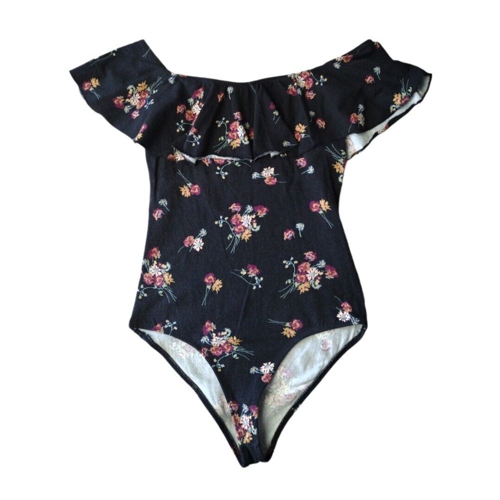 Bershka Bodysuit Women Medium Black Floral Print Off Shoulder Ruffle Boho Summer